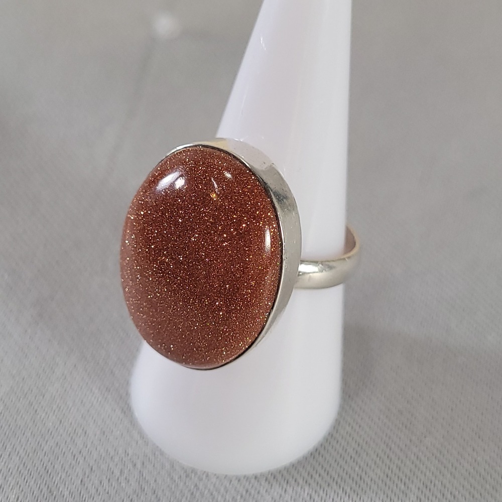 Sterling Silver Goldstone Ring Womens Size 9.25 Brown Sparkle Oval Statement 925